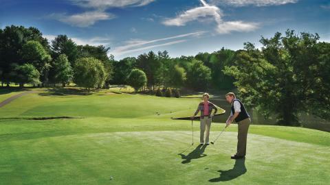 A man and woman stand on the green ready to putt a ball into the hole at Tanglewood Golf Club in Clemmons.